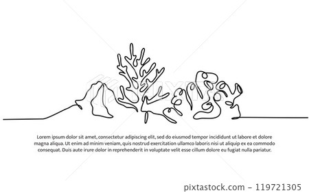 Continuous line design of reefs ocean diversity. Single line decorative elements drawn on a white background. 119721305