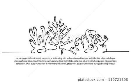 Continuous line design of reefs ocean diversity. Single line decorative elements drawn on a white background. 119721308