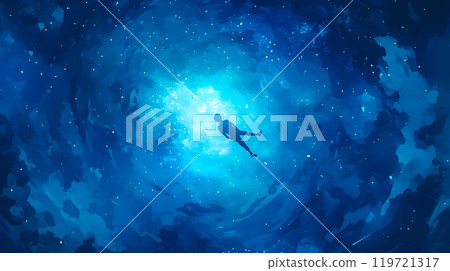 Illustration of a silhouette of a person floating in a mysterious space 119721317