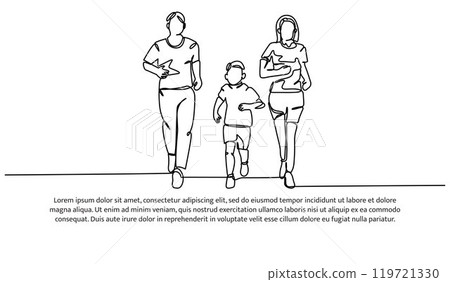 Continuous line design of family running together. Single line decorative elements drawn on a white background. Continuous line design of family running together. Single line decorative elements drawn on a white background. 119721330