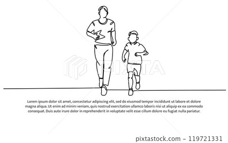 Continuous line design of father and son jogging together. Single line decorative elements drawn on a white background. Continuous line design of father and son jogging together. Single line decorative elements drawn on a white background. 119721331