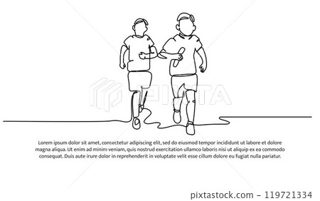 Continuous line design of the boys are running a marathon together. Single line decorative elements drawn on a white background. Continuous line design of the boys are running a marathon together. Single line decorative elements drawn on a white background. 119721334