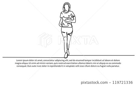 Continuous line design of a woman is jogging. Single line decorative elements drawn on a white background. Continuous line design of a woman is jogging. Single line decorative elements drawn on a white background. 119721336