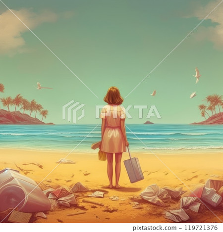 Woman on a deserted island in the middle of the sea 119721376