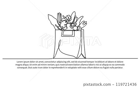 Continuous one line design of the market cares about healthy food.Minimalist style vector illustration on white background. 119721436