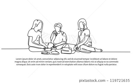 Continuous one line design of picnic with family.Minimalist style vector illustration on white background. 119721635