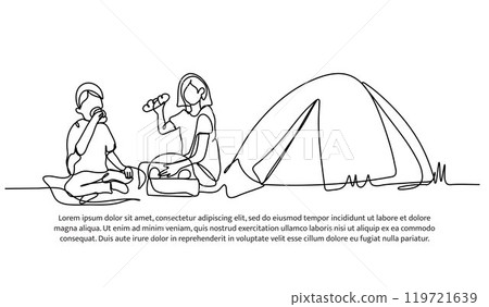 Continuous one line design of picnic with my son.Minimalist style vector illustration on white background. 119721639