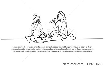 Continuous one line design of picnic with my son.Minimalist style vector illustration on white background. Continuous one line design of picnic with my son.Minimalist style vector illustration on white background. 119721640