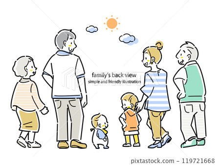 幸福三代家庭的背影 — 色彩繽紛、時尚的線條畫插圖 幸福三代家庭的背影 — 色彩繽紛、時尚的線條畫插圖 119721668