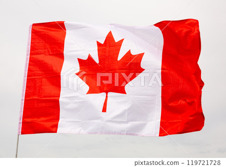 Flag of Canada against a cloudy sky close up 119721728