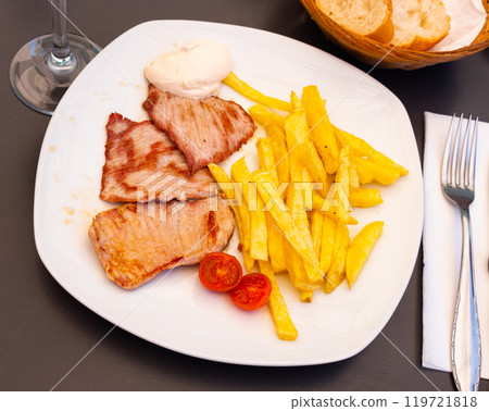 Fried pork and potato pieces served in a plate Fried pork and potato pieces served in a plate 119721818