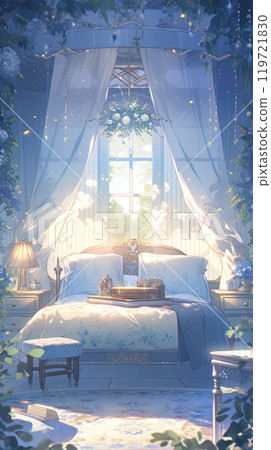 Bedroom decorated with flowers There was a simple bed next to the window. at dawn Bedroom decorated with flowers There was a simple bed next to the window. at dawn 119721830