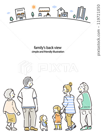 幸福三代家庭的背影 — 色彩繽紛、時尚的線條畫插圖 幸福三代家庭的背影 — 色彩繽紛、時尚的線條畫插圖 119721850
