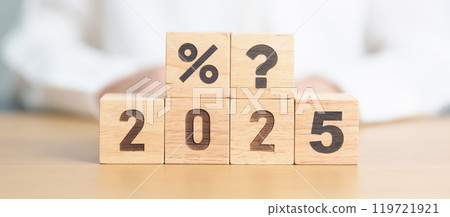 2025 New year with questions mark and percentage icon. Interest rate, GDP, stocks market, financial, deflation and Inflation, mortgage, debt, Loan and Economic Recession 119721921