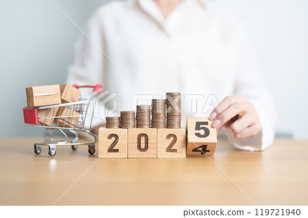 2024 end year to Happy New Year 2025 with shopping cart and money coins stack. online shopping, Marketplace platform website, technology, ecommerce, shipping delivery, logistics and online payment 119721940