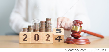 2024 end year to Happy New Year 2025 with judge gavel and money coins stack on desk. Law cost, lawyer, judgment, justice auction and bidding concepts 2024 end year to Happy New Year 2025 with judge gavel and money coins stack on desk. Law cost, lawyer, judgment, justice auction and bidding concepts 119721941