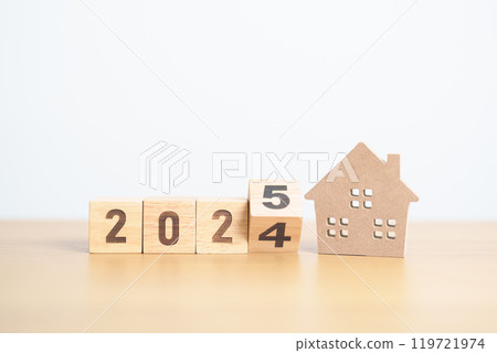 2024 end year to Happy New Year 2025 with house model. real estate, Home loan and mortgage, tax, investment, financial, savings and New Year Resolution concepts 2024 end year to Happy New Year 2025 with house model. real estate, Home loan and mortgage, tax, investment, financial, savings and New Year Resolution concepts 119721974
