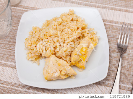 Balanced combination of chicken breast and basmati rice for dinner 119721989