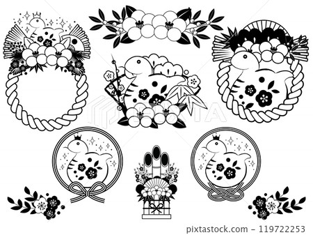 Snake year new year card icon set, monochrome snake, cute, shimekazari, illustration Snake year new year card icon set, monochrome snake, cute, shimekazari, illustration 119722253
