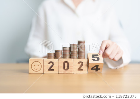 2024 end year to Happy New Year 2025 with Coins stack and Smile icon. goal, Money, Budget, investment, financial, savings, New Year Resolution, Satisfaction, feedback, Review and good year concept 119722373