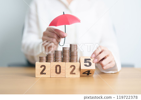 2024 end year to Happy New Year 2025 with hand holding red umbrella and money stack growing. Insurance, protection, safety and New year holiday Concepts 2024 end year to Happy New Year 2025 with hand holding red umbrella and money stack growing. Insurance, protection, safety and New year holiday Concepts 119722378