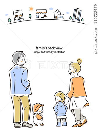 Back view of a young family, four people, colorful and stylish line drawing illustration Back view of a young family, four people, colorful and stylish line drawing illustration 119722479