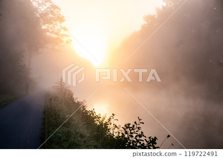 The Serene Morning Light Casts a Beautiful Glow Over the Misty River Pathway Ahead The Serene Morning Light Casts a Beautiful Glow Over the Misty River Pathway Ahead 119722491
