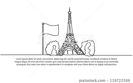 Continuous one line design of flag and tower of france.Minimalist style vector illustration on white background. Continuous one line design of flag and tower of france.Minimalist style vector illustration on white background. 119722589
