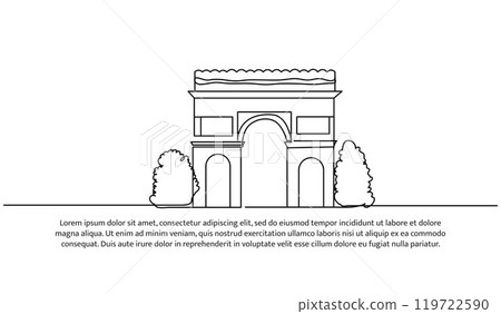 Continuous one line design of arc de triomphe de l'Etoile.Minimalist style vector illustration on white background. 119722590