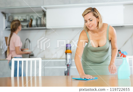 Blurry teen girl help mother doing housework in kitchen, mom cleaning dining table Blurry teen girl help mother doing housework in kitchen, mom cleaning dining table 119722655