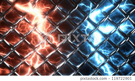 "A background of relative red and blue energy through a wire mesh." 119722901