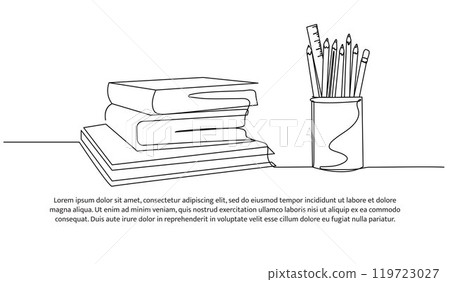 Continuous one line design of school equipment. Minimalist style vector illustration on white background. 119723027