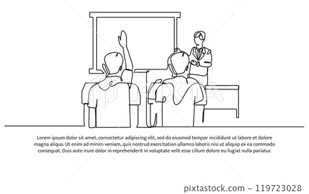 Continuous one line design of her is giving an explanation. Minimalist style vector illustration on white background. 119723028