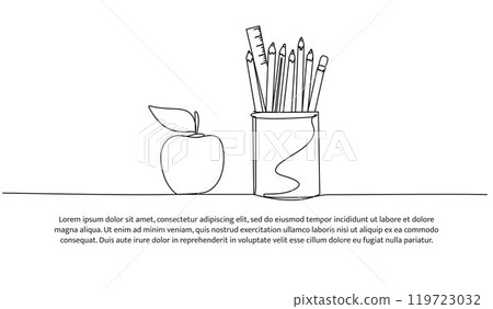 Continuous one line design of stationery items. Minimalist style vector illustration on white background. Continuous one line design of stationery items. Minimalist style vector illustration on white background. 119723032