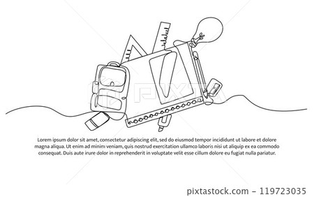 Continuous one line design of School equipment. Minimalist style vector illustration on white background. 119723035