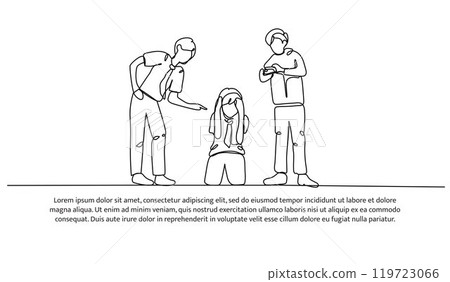 Continuous one line design of bullying for social media photos. Minimalist style vector illustration on white background. Continuous one line design of bullying for social media photos. Minimalist style vector illustration on white background. 119723066