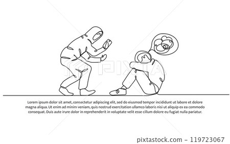 Continuous one line design of bullying for social media photos. Minimalist style vector illustration on white background. Continuous one line design of bullying for social media photos. Minimalist style vector illustration on white background. 119723067