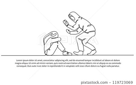 Continuous one line design of bullying for social media photos. Minimalist style vector illustration on white background. Continuous one line design of bullying for social media photos. Minimalist style vector illustration on white background. 119723069