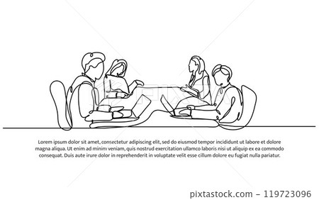 Continuous one line design of hold meeting together. Minimalist style vector illustration on white background. Continuous one line design of hold meeting together. Minimalist style vector illustration on white background. 119723096
