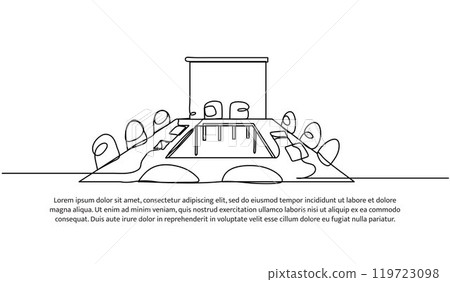 Continuous one line design of meeting room. Minimalist style vector illustration on white background. Continuous one line design of meeting room. Minimalist style vector illustration on white background. 119723098