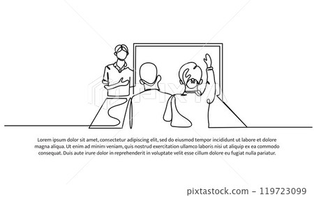 Continuous one line design of is making a presentation. Minimalist style vector illustration on white background. Continuous one line design of is making a presentation. Minimalist style vector illustration on white background. 119723099