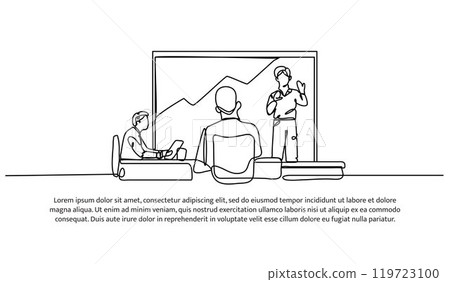 Continuous one line design of is making a presentation. Minimalist style vector illustration on white background. Continuous one line design of is making a presentation. Minimalist style vector illustration on white background. 119723100
