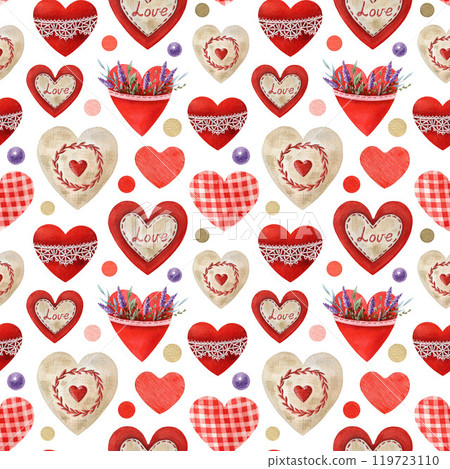 Vintage style Valentines Day seamless pattern. Hand drawn hearts, lavender blossoms, romantic accents. Ideal for holiday decor, love-themed designs, backgrounds and gift packaging. White background 119723110