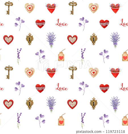 Valentines Day seamless pattern decoration element with hearts, cute elements, lavender flowers and vintage accents. Perfect for romantic, retro-inspired designs, stationery decor. White background Valentines Day seamless pattern decoration element with hearts, cute elements, lavender flowers and vintage accents. Perfect for romantic, retro-inspired designs, stationery decor. White background 119723118