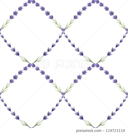 Lavender flower element decor seamless pattern. Watercolor vintage style illustration. Hand drawn organic lavandula herb elegant decoration. Lavender flowers seamless pattern on white background 119723119