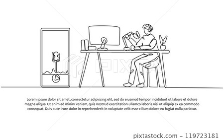 Continuous one line design of a young man is doing a podcast. Minimalist style vector illustration on white background. 119723181