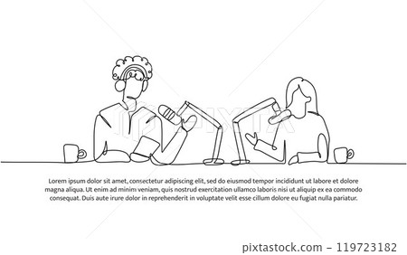 Continuous one line design of two young people podcast. Minimalist style vector illustration on white background. 119723182
