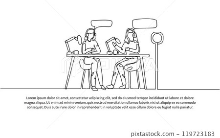 Continuous one line design of two young woman podcast. Minimalist style vector illustration on white background. 119723183