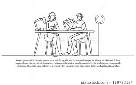 Continuous one line design of a young man and woman podcast. Minimalist style vector illustration on white background. 119723184