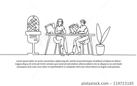 Continuous one line design of a young man and woman podcast. Minimalist style vector illustration on white background. 119723185